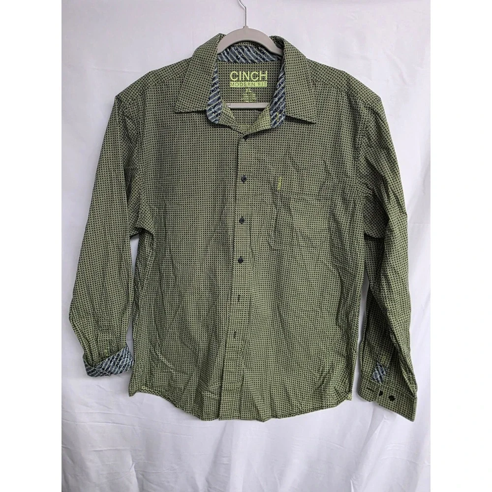 Cinch Modern Fit Mens XL Green Geometric Print Button Down Shirt Long Sleeve